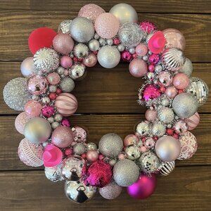 Fun Handmade DISCO COWGIRL Pinks & Silvers Shatterproof Ball Wreath Girl Party